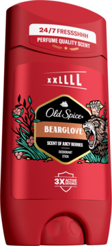 Czerwony dezodorant w sztyfcie Old Spice Bearglove. Grafika niedźwiedzia, jagody. Zapach Juicy Berries. Widok z przodu.