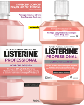 Dwie butelki Listerine Professional Ochrona Dziąseł+, płyn do płukania ust, różowy płyn 500 ml, widok z przodu.