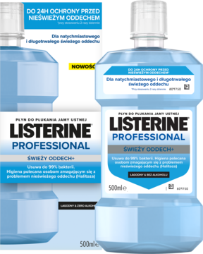 Listerine Professional Świeży Oddech+ płyn do ust, niebieska butelka 500ml, front, etykieta '24H ochrony, bez alkoholu'.