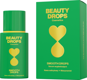 Zielone serum BEAUTY DROPS Smooth Drops z kwasem salicylowym i niacynamidem, matujące, obok pudełka.