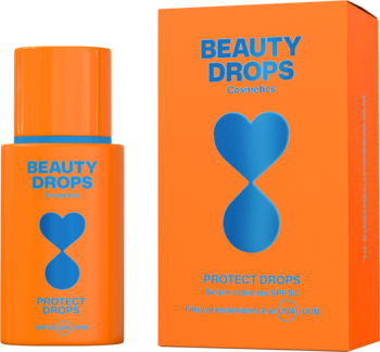 Beauty Drops Protect Drops serum SPF 50 w pomarańczowej butelce i pudełku, z niebieskim logo klepsydry.