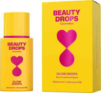 Serum rozświetlające Beauty Drops Cosmetics Glow Drops, żółta butelka z pipetą i pudełko, Wit. C, Q10.