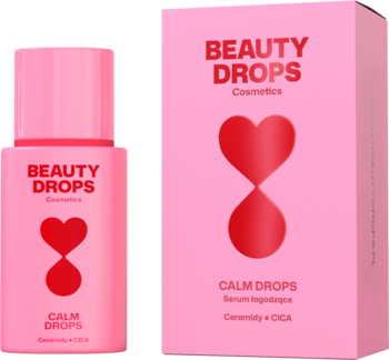 Różowe serum BEAUTY DROPS CALM DROPS Ceramidy + CICA w butelce i kartoniku, widok z przodu na jasnym tle.