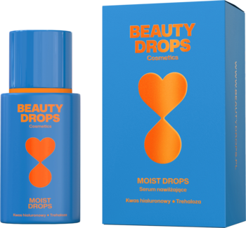 Nawilżające serum Beauty Drops Moist Drops w niebieskiej butelce obok pudełka, widok z przodu, pomarańczowe logo.