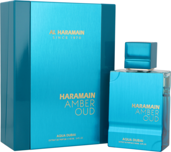 Al Haramain Amber Oud Aqua Dubai ekstrakt perfum unisex. Świeży zapach, turkusowa butelka i pudełko ze złotym napisem.