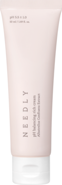 NEEDLY pH Balancing Rich Cream 50ml w jasnoróżowej tubce z białą zakrętką, z przodu widać pH 5.5 ± 1.0.