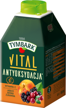 Tymbark Vital Antyoksydacja, ciemnozielony karton soku wieloowocowego z witaminą E, jabłkiem, aronią, żurawiną, widok z przodu.