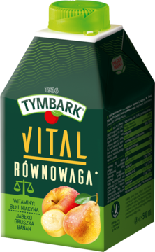 Tymbark Vital Równowaga 500ml, zielony napój wieloowocowy jabłko, gruszka, banan z witaminami, widok przód.