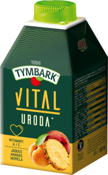 Tymbark Vital Uroda, napój wieloowocowy (jabłko, ananas, morela) z witaminami, w zielonym kartonie, widok z przodu.