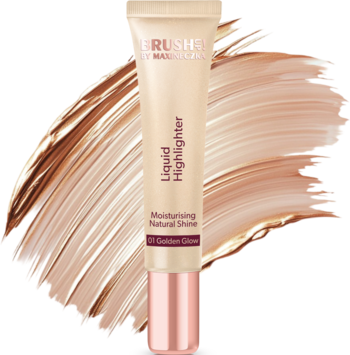 Manhattan Liquid Highlighter 01 Golden Glow w beżowej tubce z rose gold nakrętką, na tle błyszczących złotych smug.