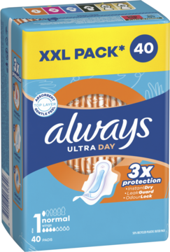 Always Ultra Day Normal XXL PACK 40 podpasek, niebiesko-żółte opakowanie z ilustracją, widok z przodu, 3x ochrona.