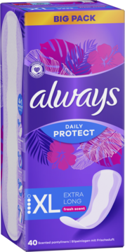 Fioletowe opakowanie Always Daily Protect Extra Long fresh scent, Big Pack 40 sztuk, widok z przodu.