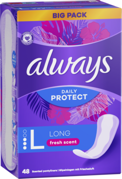 Fioletowe opakowanie Always Daily Protect Long Fresh Scent, 48 sztuk, z białym wzorzystym wkładem, widok z przodu.