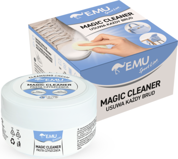 Słoik pasty czyszczącej Magic Cleaner w białym pojemniku z niebieskimi napisami oraz kartonowe opakowanie z gąbką.