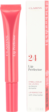 Clarins Lip Perfector Fuchsia Glow, różowy błyszczyk z masłem shea w tubce obok białego pudełka, widok z przodu.