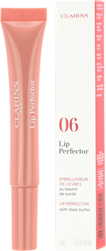 Clarins Lip Perfector 06 Rosewood Shimmer: delikatny błyszczyk w różowej tubce i białym pudełku, widok z przodu.