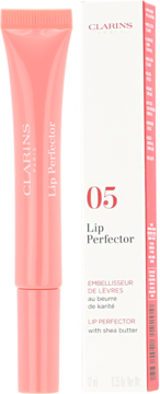 Różowy Clarins Lip Perfector z masłem shea w tubce, obok białe opakowanie z numerem 05, widok z przodu.