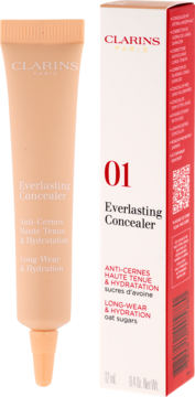 Korektor Clarins Everlasting Concealer 01 Light. Beżowa tubka i białe pudełko. Długotrwałe krycie, nawilżenie, widok przód.