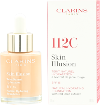 Nawilżający podkład Clarins Skin Illusion 112C Amber, w beżowej butelce z kroplomierzem i pudełkiem, z przodu.