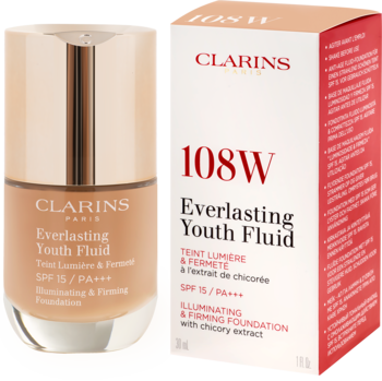 Rozświetlający podkład Clarins Everlasting Youth Fluid 108W, beżowa butelka i biało-czerwony kartonik, widok przód.