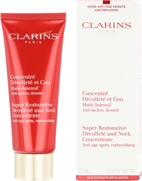 Czerwona tubka Clarins Super Restorative Décolleté and Neck Concentrate i białe pudełko obok siebie.