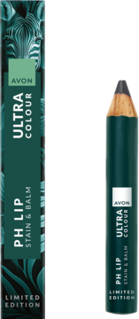 Avon Ultra Colour PH Lip Stain & Balm w ciemnozielonej kredce i pudełku z zebrą, pH-dopasowujący, edycja limitowana.