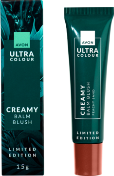 Limited Edition Avon Ultra Colour Creamy Balm Blush Peachy Sand w zielonej tubce i pudełku, widok z przodu.