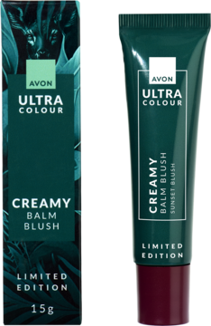 Kremowy róż Avon Ultra Colour w tubce i pudełku, ciemnozielone opakowanie, z napisem Sunset Blush.