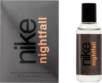 Woda toaletowa Nike Nightfall dla mężczyzn 30ml: szare pudełko i szklana butelka z czarno-pomarańczowymi napisami, widok z przodu.