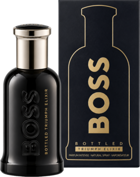 Boss Bottled Triumph Elixir, czarna woda perfumowana dla mężczyzn w butelce ze złotą zakrętką, obok czarne pudełko.