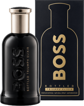 Boss Bottled Triumph Elixir, czarna butelka perfum męskich ze złotą nakrętką i pasującym pudełkiem, widok z przodu.