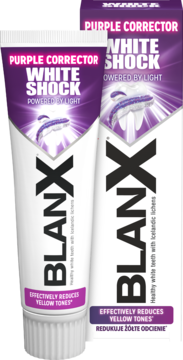 BlanX White Shock Purple Corrector pasta, biało-fioletowa tubka i pudełko z widokiem pod kątem, redukujące żółte tony.