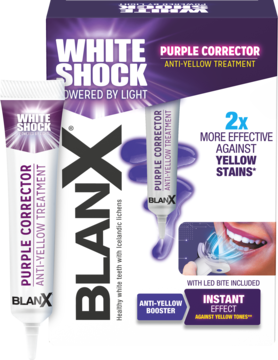 Zestaw BlanX White Shock Purple Corrector: fioletowa pasta i pudełko z systemem anti-yellow treatment.