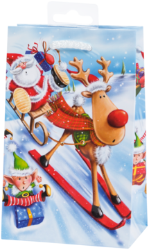 Świąteczna torba prezentowa z Mikołajem w saniach ciągniętych przez Rudolfa na nartach i elfem, zimowy motyw.