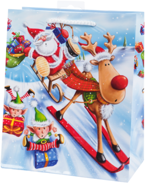 Świąteczna torba prezentowa z wesołym Mikołajem na sankach i reniferem na nartach, elfy z prezentami.