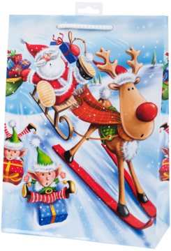Świąteczna torebka prezentowa: Mikołaj na sankach, renifer na nartach i elfy z prezentami zjeżdżające po zaśnieżonym stoku.