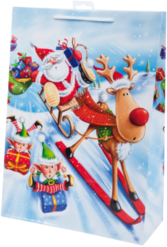 Biała świąteczna torebka prezentowa: Mikołaj na saniach, renifer na nartach i elfy z prezentami na śniegu.
