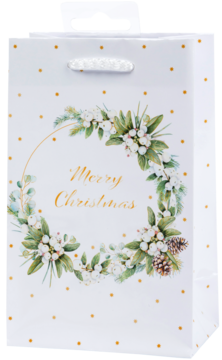 Biała świąteczna torba prezentowa z wieńcem z zielonych liści i białych jagód, napisem 'Merry Christmas' oraz złotymi kropkami.