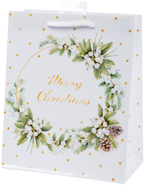 Biała torebka prezentowa, widok z przodu. Świąteczny wieniec z białych jagód, szyszek, napisem Merry Christmas, złote kropki.