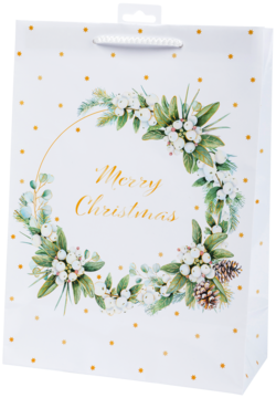 Biała torebka świąteczna z wieńcem jemioły i szyszką, złotym napisem Merry Christmas i kropkami, widok z przodu.