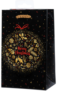 Czarna torebka prezentowa z plecionym uchwytem, ozdobiona okrągłym złotym ornamentem i napisem Merry Christmas, widok z przodu.