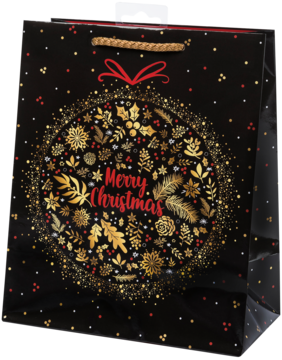Czarna torba prezentowa ze złotym świątecznym wzorem kuli, czerwonym napisem Merry Christmas i złotymi uchwytami.