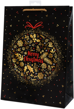 Czarna torba prezentowa, świąteczny wzór złotej bombki z liśćmi i napisem Merry Christmas, widok z przodu.