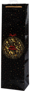 Czarna torba prezentowa na butelkę z uchwytem, złotymi kropkami i świątecznym ornamentem Merry Christmas.