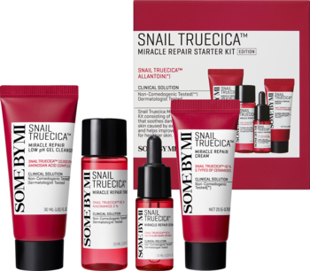 Zestaw SOME BY MI Snail Truecica Miracle Repair, czerwono-czarne opakowania produktów i białe pudełko, widok z przodu.