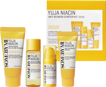 Zestaw SOME BY MI Yuja Niacin Anti Blemish: żółty tonik, serum, krem, żel i pudełko. Z niacynamidem na przebarwienia.