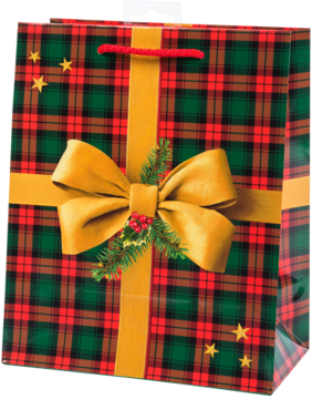Torba prezentowa, czerwono-zielona krata, złota kokarda z jemiołą i igliwiem, złote gwiazdki, widok z przodu.
