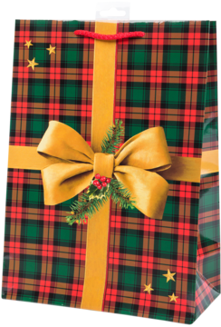 Świąteczna torba prezentowa w szkocką kratę (czerwień, zieleń), z dużą złotą kokardą i jemiołą, widok z przodu.