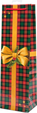 Świąteczna torba prezentowa w zielono-czerwoną kratę szkocką, ze złotą wstążką, kokardą i gwiazdkami.