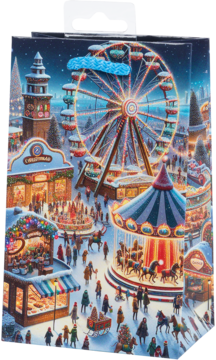 Bożonarodzeniowa kartka z oświetlonym jarmarkiem, w centrum karuzela i koło widokowe w zimowej scenerii.
